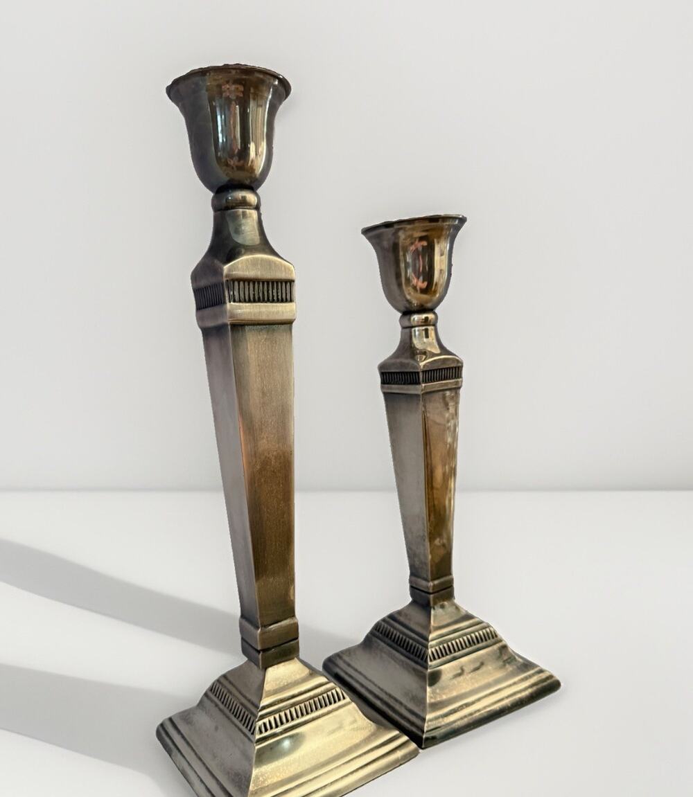Pottery Barn Silver Taper Maxfield Hotel Candle Stick Holders 14” And 12” Set
